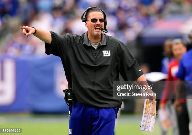 Head coach Ben McAdoo of the New York Giants complains to the official during the fourth quarter against the Los Angeles Chargers during an NFL game...