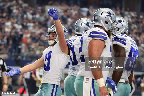 Cole Beasley of the Dallas Cowboys celebrates his second touchdown of the game against the Green Bay Packers at AT&T Stadium on October 8, 2017 in...