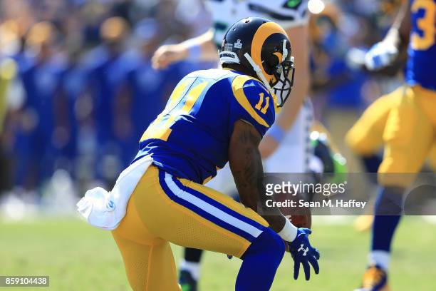 Tavon Austin of the Los Angeles Rams drops the punt return in the first quarter during the game against the Seattle Seahawks at the Los Angeles...