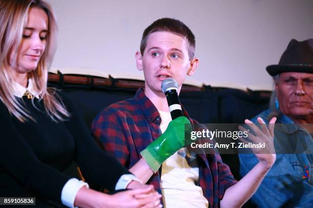 Actors Amy Shiels, Jake Wardle and Michael Horse answer questions on stage during the Twin Peaks UK Festival 2017 at Hornsey Town Hall Arts Centre on...