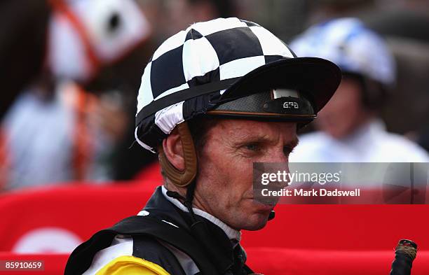 Jockey Peter Mertens is shown after riding Precedence to win the Galilee Series Final during the Easter Cup Day at Caulfield Racecourse on April 11,...