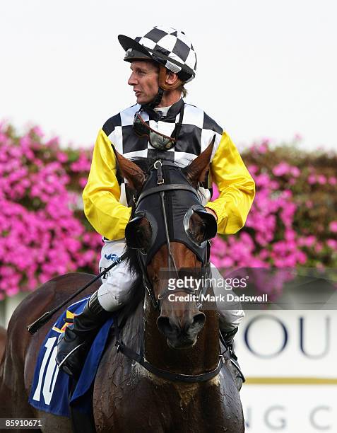 Jockey Peter Mertens riding Precedence returns to scale after winning the Galilee Series Final during the Easter Cup Day at Caulfield Racecourse on...