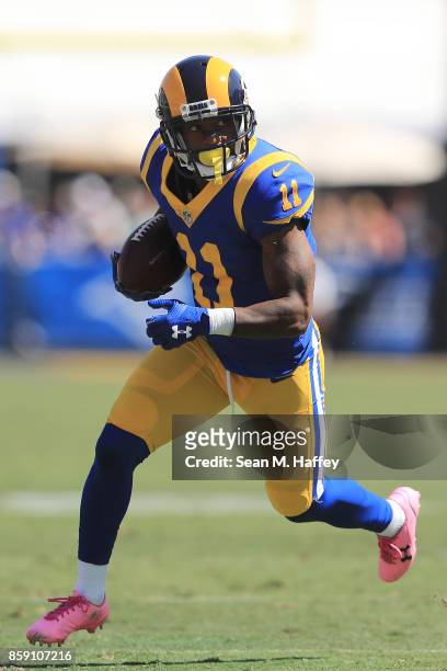 Tavon Austin of the Los Angeles Rams runs down field during the game against the Seattle Seahawks at the Los Angeles Memorial Coliseum on October 8,...