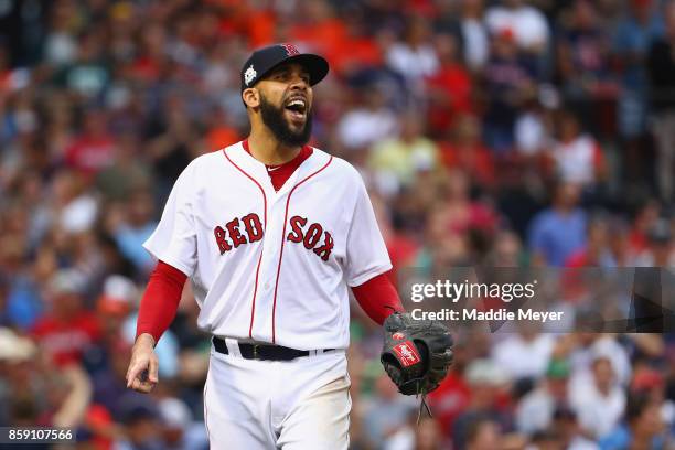 David Price of the Boston Red Sox reacts after pitching in the seventh inning against the Houston Astros during game three of the American League...