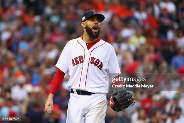 David Price of the Boston Red Sox reacts after pitching in the seventh inning against the Houston Astros during game three of the American League...