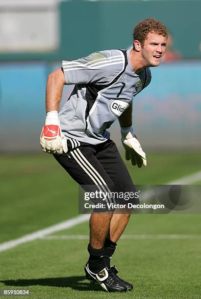 Goalkeeper Will Hesmer of the Columbus Crew warms up prior to the MLS match against Chivas USA at The Home Depot Center on April 5, 2009 in Carson,...