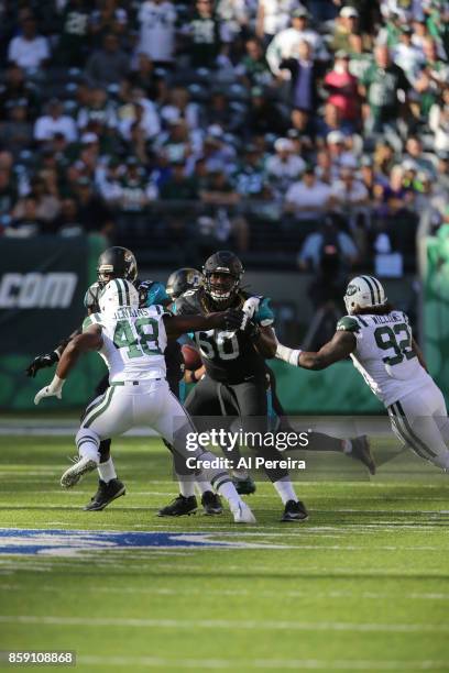 Offensive Lineman A.J. Cann of the Jacksonville Jaguars in action against the New York Jets during their game at MetLife Stadium on October 1, 2017...