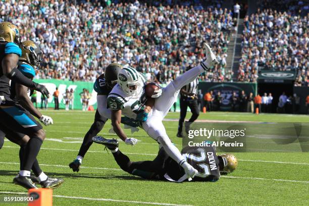 Cornerback Aaron Colvin of the Jacksonville Jaguars in action against the New York Jets during their game at MetLife Stadium on October 1, 2017 in...