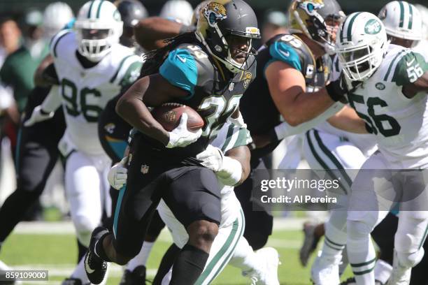 Running Back Chris Ivory of the Jacksonville Jaguars has a long gain against the New York Jets during their game at MetLife Stadium on October 1,...