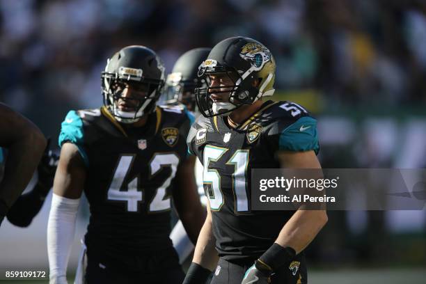 Linebacker Paul Posluszny of the Jacksonville Jaguars in action against the New York Jets during their game at MetLife Stadium on October 1, 2017 in...