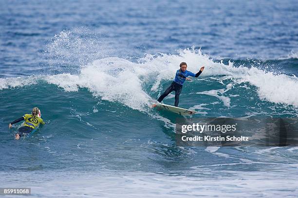 Rip Curl Pro wildcard and the youngest surfer in the history of the event Nikki Van Dijk of Australia surfs during her Round 3 heat as two times ASP...
