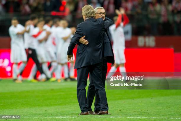 President of Polish Football Association Zbigniew Boniek and Polish Coach Adam Nawalka celebrates during the FIFA World Cup 2018 Qualifying Round...