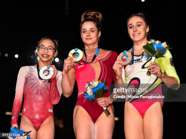 Morgan Hurd of The United States of America , Pauline Schaefer of Germany and Tabea Alt of Germany pose with their medals after competing on the...