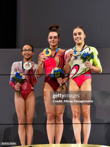 Morgan Hurd of The United States of America , Pauline Schaefer of Germany and Tabea Alt of Germany pose with their medals after competing on the...