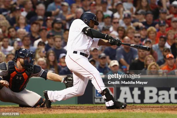 Jackie Bradley Jr. #19 of the Boston Red Sox hits a three-run home run in the seventh inning against the Houston Astros during game three of the...