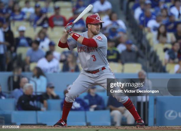 Patrick Kivlehan of the Cincinnati Reds bats in the second inning during the MLB game against the Los Angeles Dodgers at Dodger Stadium on June 9,...