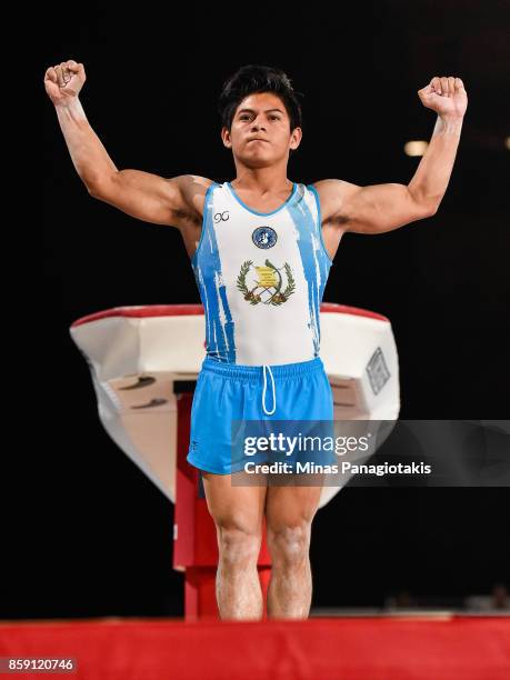 Lopez Jorge Vega of Guatemala completes his routine on the vault during the individual apparatus finals of the Artistic Gymnastics World...