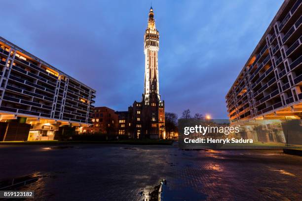 lille city hall belfry at night - scheldt river stockfoto's en -beelden