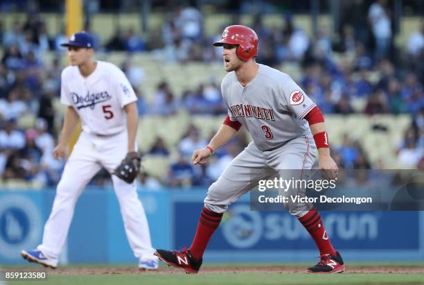 Patrick Kivlehan of the Cincinnati Reds leads off at second base during the MLB game against the Los Angeles Dodgers at Dodger Stadium on June 9,...