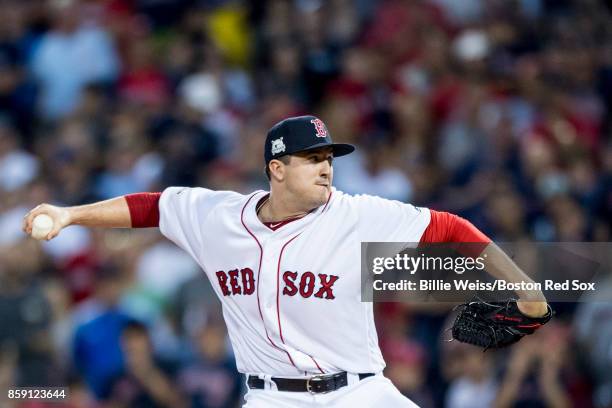 Carson Smith of the Boston Red Sox delivers during the ninth inning of game three of the American League Division Series against the Houston Astros...