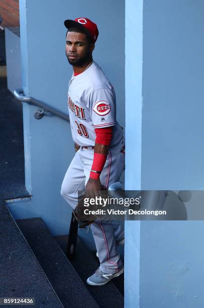 Arismendy Alcantara of the Cincinnati Reds makes his way up to the dugout from the clubhouse prior to the MLB game against the Los Angeles Dodgers at...