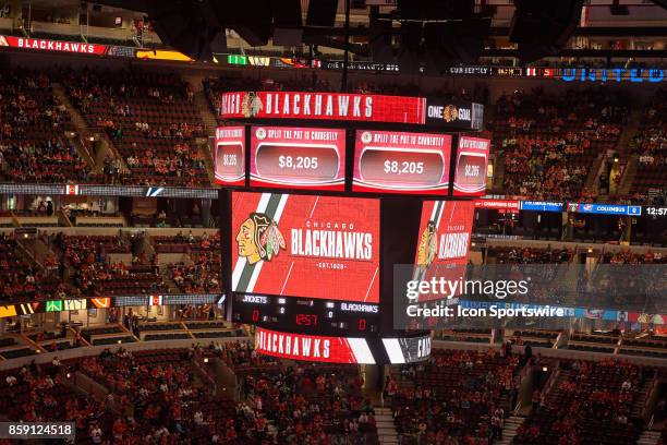 Detailed view of the Chicago Blackhawks jumbotron scoreboard is seen during a game between the Chicago Blackhawks and the Columbus Blue Jackets on...