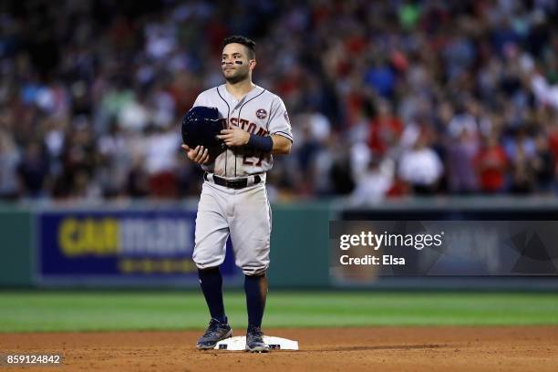 Jose Altuve of the Houston Astros reacts in the ninth inning against the Boston Red Sox during game three of the American League Division Series at...