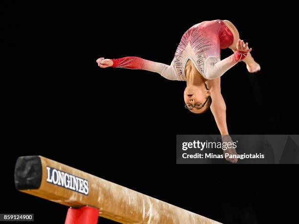 Morgan Hurd of The United States of America competes on the balance beam during the individual apparatus finals of the Artistic Gymnastics World...