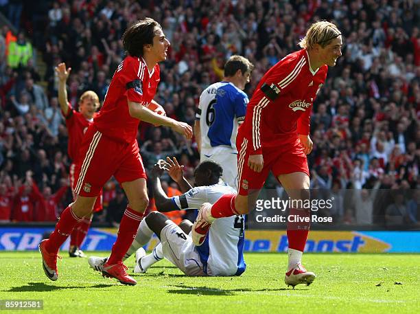 Fernando Torres of Liverpool celebrates his second goal during the Barclays Premier League match between Liverpool and Blackburn at Anfield on April...