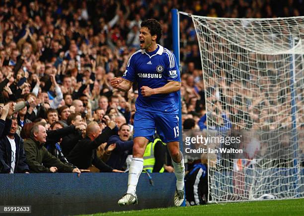 Michael Ballack of Chelsea celebrates scoring his team's first goal during the Barclays Premier League match between Chelsea and Bolton Wanderers at...