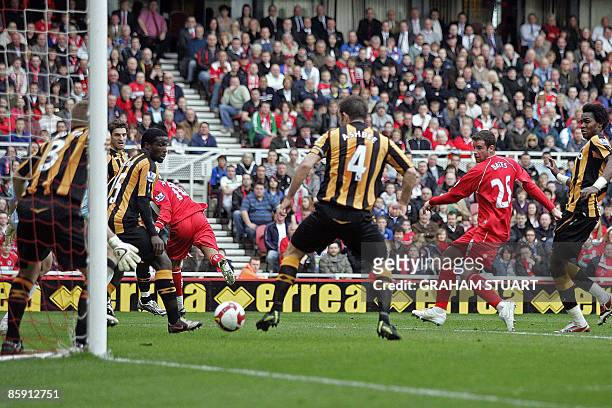 Middlesbrough's English player Matthew Bates scores their 2nd goal during the English FA Premier League football match against Hull CIty at the...