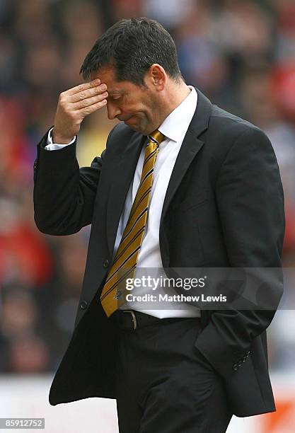 Phil Brown, manager of Hull City looks frustrated after his team concede a second goal during the Barclays Premier League match between Middlesbrough...