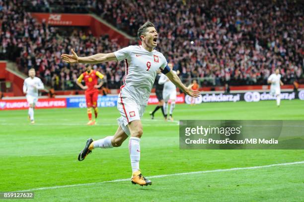 Robert Lewandowski celebration during the FIFA 2018 World Cup Qualifier between Poland and Montenegro on October 8, 2017 in Warsaw, Poland.