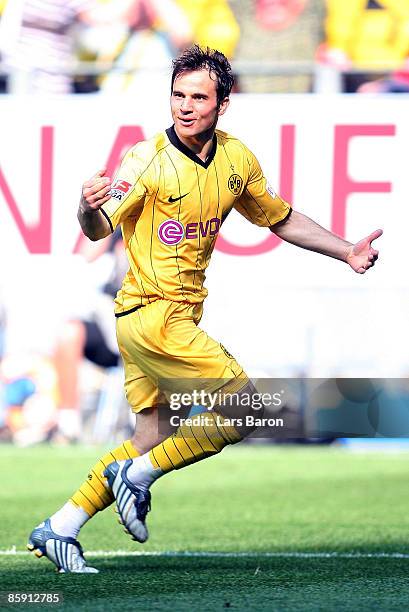 Tamas Hajnal of Dortmund celebrates scoring his team's second goal during the Bundesliga match between Borussia Dortmund and 1. FC Koeln at the...