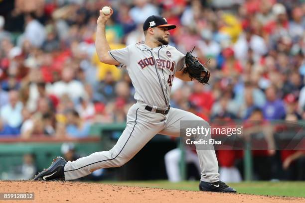 Lance McCullers Jr. #43 of the Houston Astros throws a pitch in the fourth inning against the Boston Red Sox during game three of the American League...
