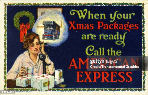 Early seasonal color lithographic advertisement for the shipping services of American Express showing a woman calling the company to send her...