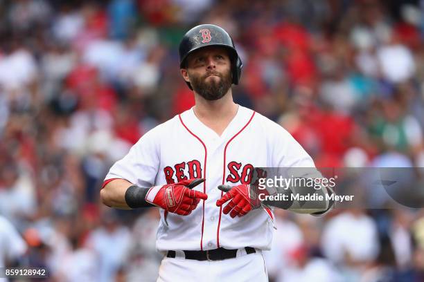 Dustin Pedroia of the Boston Red Sox reacts in the second inning against the Houston Astros during game three of the American League Division Series...