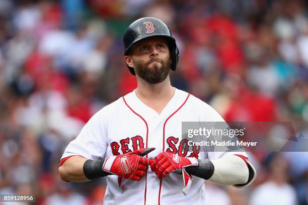 Dustin Pedroia of the Boston Red Sox reacts in the second inning against the Houston Astros during game three of the American League Division Series...