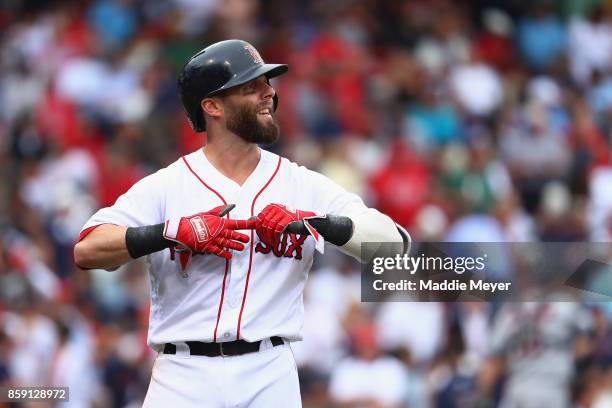 Dustin Pedroia of the Boston Red Sox reacts in the second inning against the Houston Astros during game three of the American League Division Series...