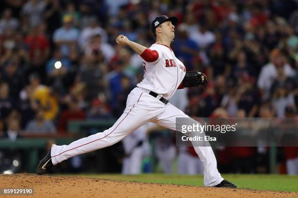 Carson Smith of the Boston Red Sox throws a pitch in the ninth inning against the Houston Astros during game three of the American League Division...