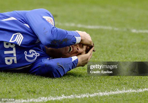 Kirill Kombarov of FC Dynamo Moscow reacts during the Russian Football League Championship match between FC Dynamo Moscow and FC Rostov Rostov-on-Don...