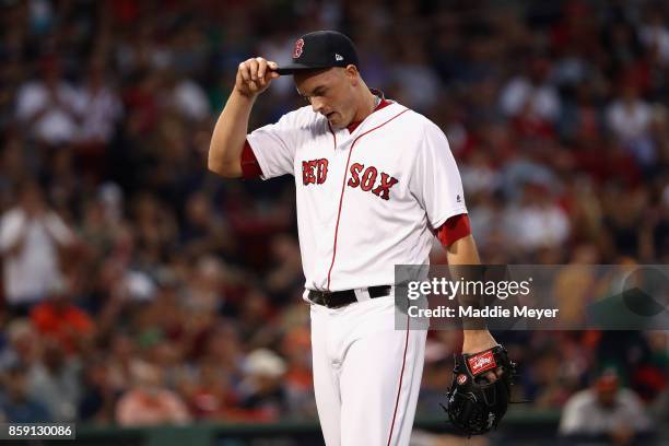 Addison Reed of the Boston Red Sox reacts after pitching in the eighth inning against the Houston Astros during game three of the American League...