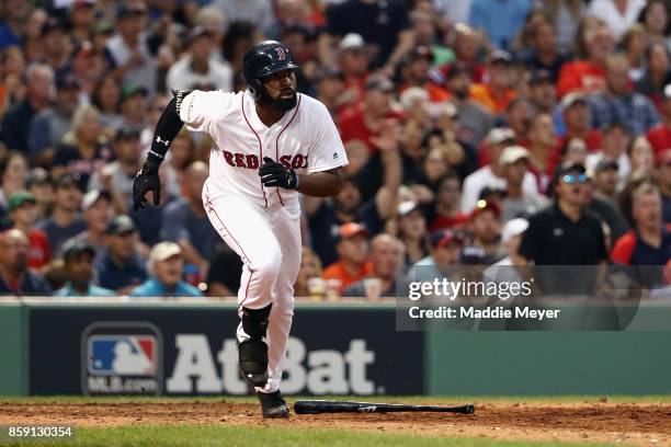 Jackie Bradley Jr. #19 of the Boston Red Sox runs the bases after hitting a three-run home run in the seventh inning against the Houston Astros...