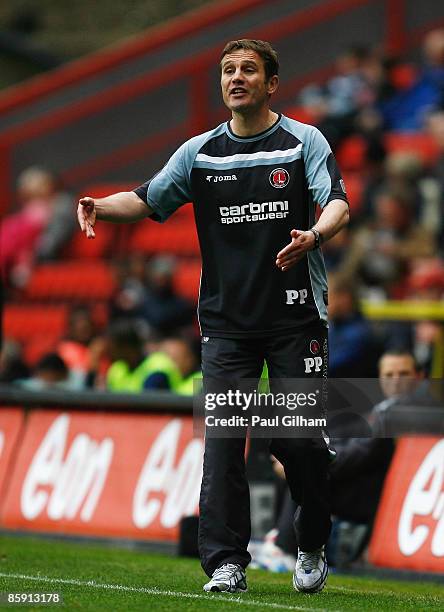Manager Phil Parkinson of Charlton Athletic looks on from the touchline during the Coca-Cola Championship match between Charlton Athletic and...