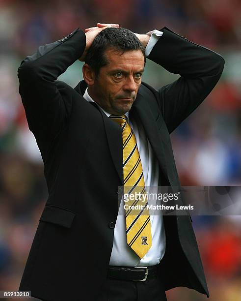 Phil Brown, manager of Hull City looks on during the Barclays Premier League match between Middlesbrough and Hull City at the Riverside Stadium on...