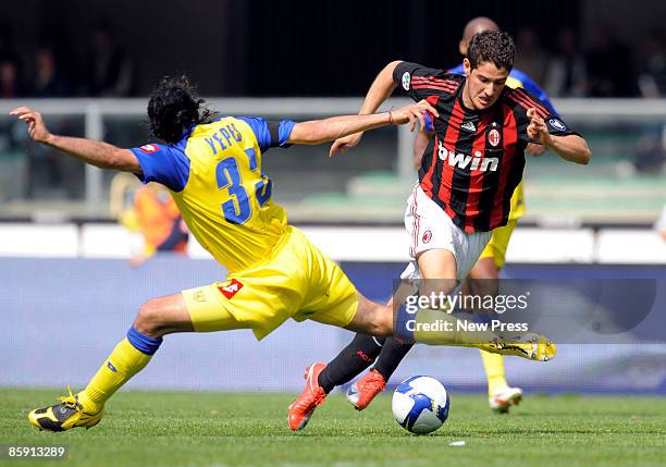 Mario Alberto Yepes of Chievo and Pato of Milan in action during the Serie A match between Chievo Verona and AC Milan at the Stadio Bentegodi on...