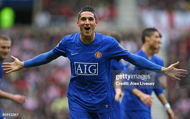 Federico Macheda of Manchester United celebrates scoring his team's second goal during the Barclays Premier League match between Sunderland and...