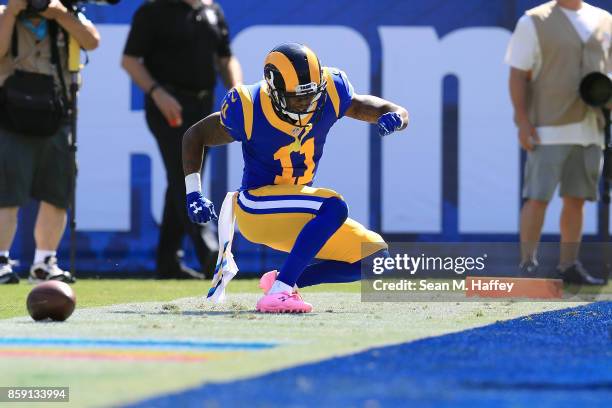 Tavon Austin of the Los Angeles Rams celebrates after scoring a touchdown during the game against the Seattle Seahawks at the Los Angeles Memorial...