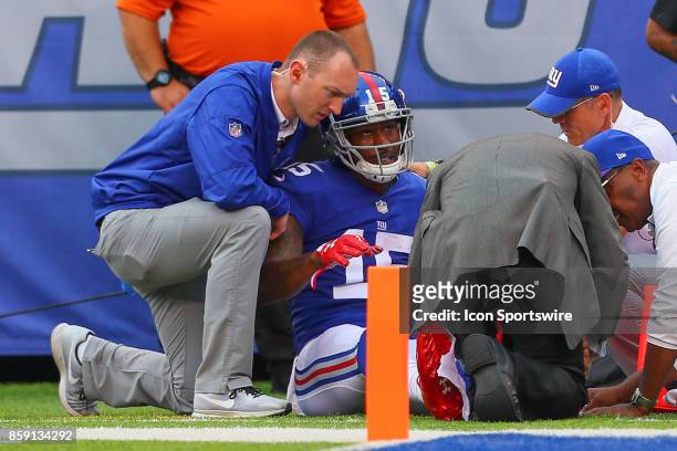 New York Giants wide receiver Brandon Marshall is injured during the National Football League game between the New York Giants and the Los Angeles...