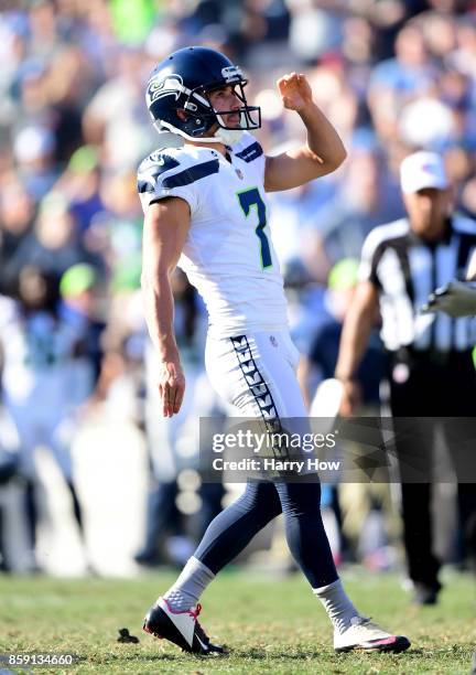 Blair Walsh of the Seattle Seahawks reacts to his field goal to take a 16-10 lead during the fourth quarter in at 16-10 Seahawks win over the Los...
